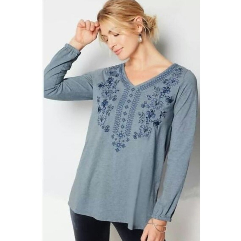 J. Jill Pure‎ Jill Floral Embroidered V-Neck Tunic Blue Gray Cotton Top Medium